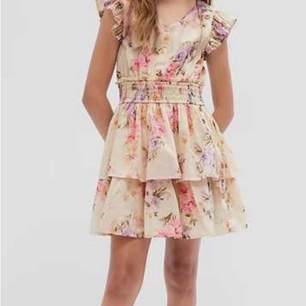 LoveShackFancy gap collab Girls Floral Ruffle Dress in Cream, Pink & Purple